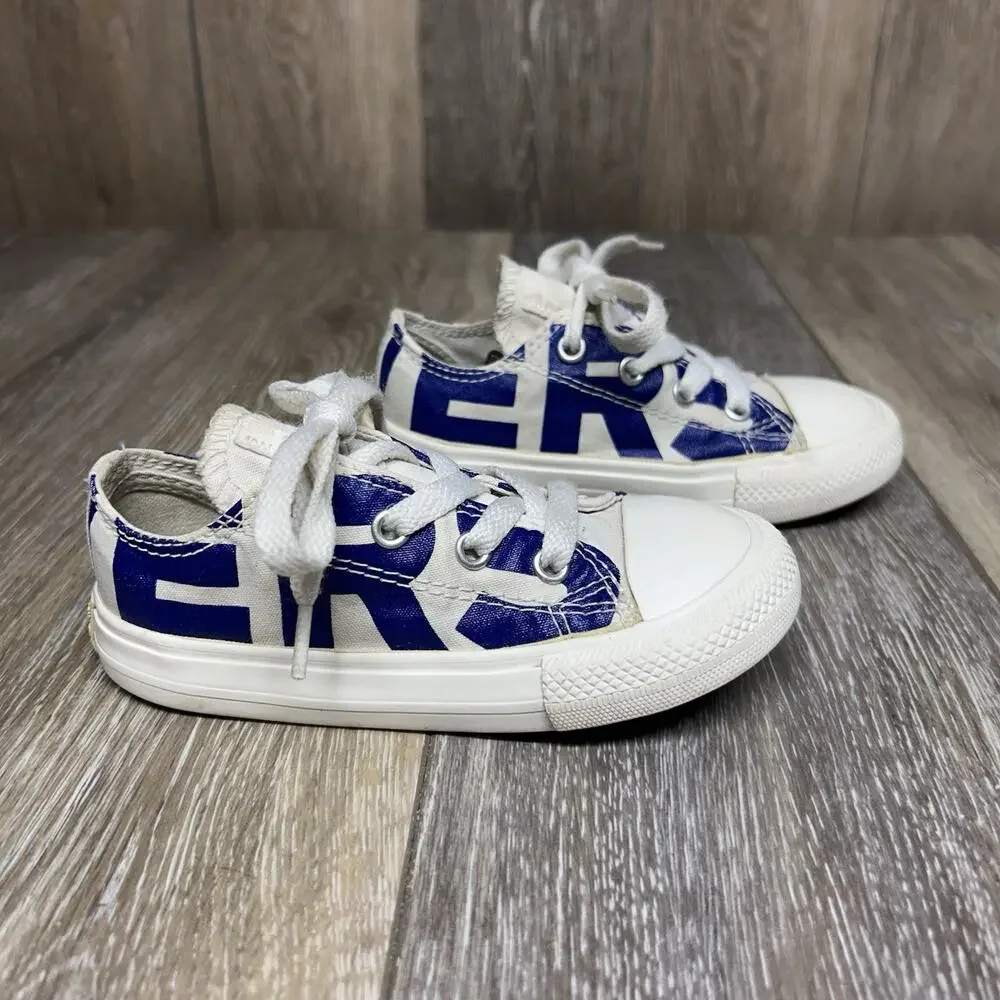 Converse Infant Youth US Size 8 White Blue Lettering Low Top Sneaker Shoes